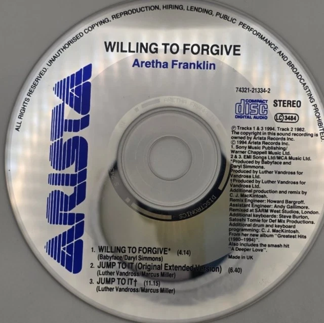 ARISTA ARETHA FRANKLIN Willing To Forgive CD Single 74321-21334-2