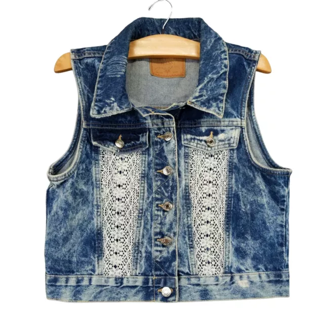 Amethyst Jeans Denim Vest Jacket Girls Juniors Large Blue Acid Wash Lace