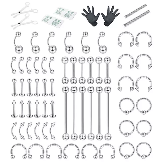 72Pcs Body Piercing Jewelry Tool Kits Needle Nipple Tongue Eyebrow Nose Lip R#km