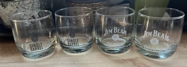 JIM BEAM BLACK ETCHED SINGLE BARREL BOURBON WHISKEY ROCKS GLASSES 8 OZ Lot Of 4