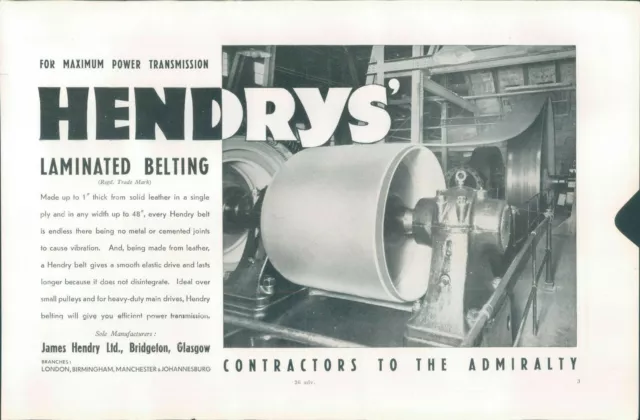 WW2 Hendrys Laminated Ship Belts  Advert from Janes Ships Book 1942