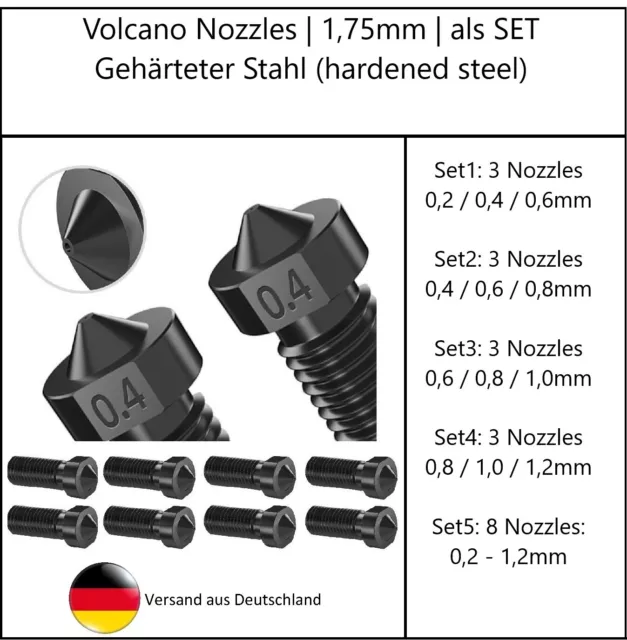 Volcano Nozzle Düse | Gehärteter Stahl als SET (3 oder 8 Nozzles) | 0,2 - 1,2mm