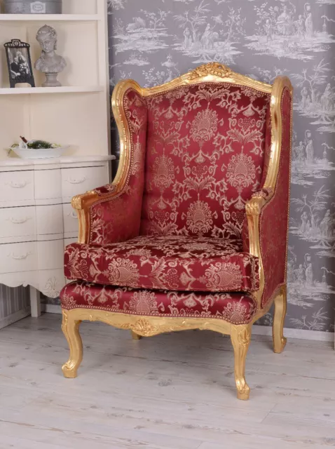 Ohrensessel antik Barock Rokoko Rot Massivholz Thron Bergere Stuhl