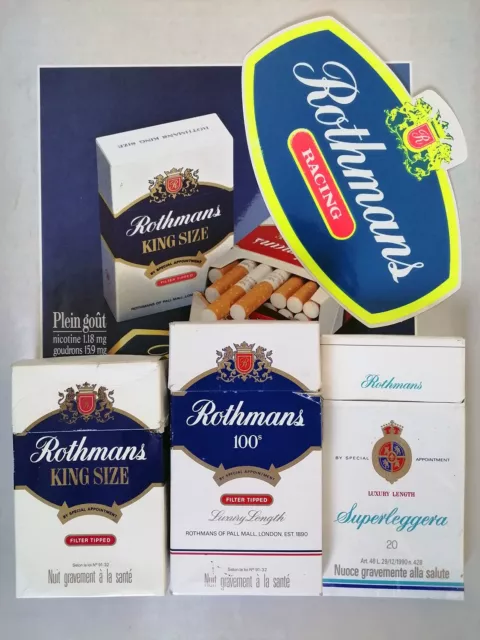 Lot de 3 anciens paquets de cigarettes ROTHMANS + 1 autocollant + 1 magazine