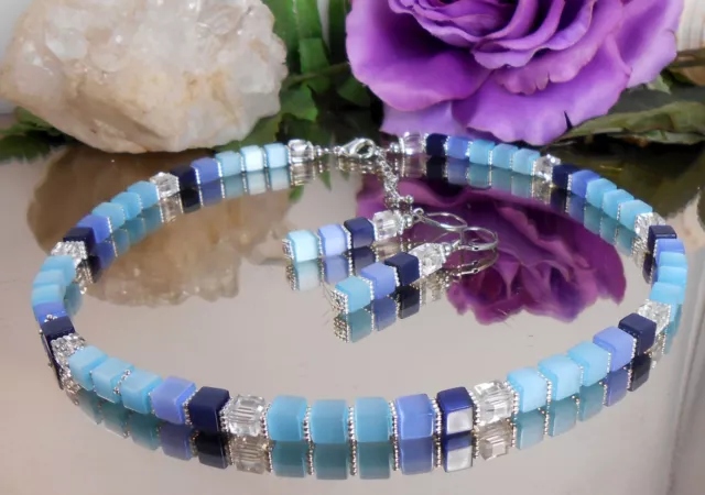 2er Set Halskette / Collier + Ohrringe Cat Eye Würfel Türkis Blau Töne