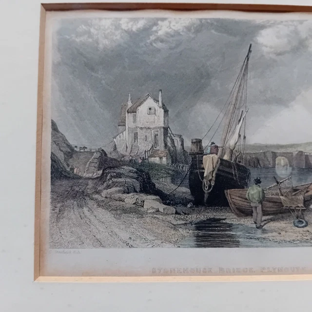 Antike 1836 Steinhausbrücke, Plymouth, England. Original Stahlgravur