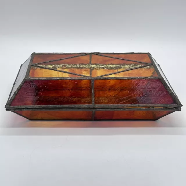 Stained Amber Glass Art Deco Vintage Rectangular Jewelry Box Mirrored Bottom