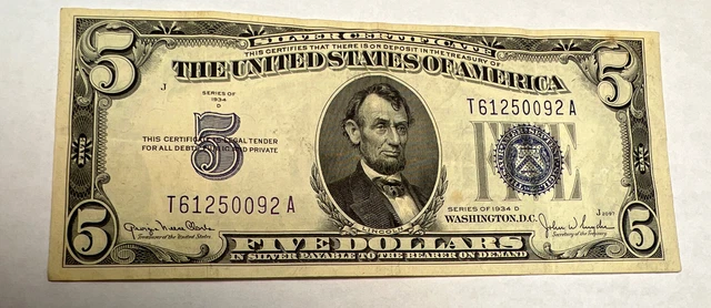 1934 D $5 Silver Certificate Note Blue Seal Crisp XF