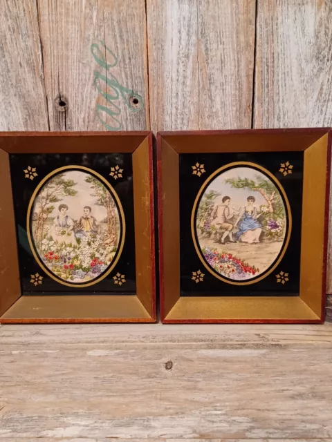 Antique 1830's Embroidery on Silk With Reverse Painted Glass Framed Picture Set
