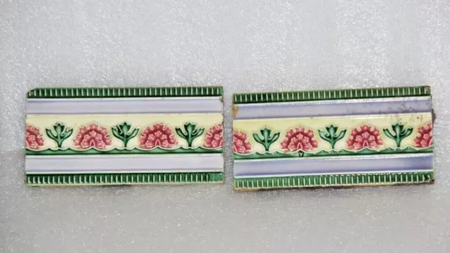 Vintage Colorful Flower Embossed Ceramic Old Tile, JAPAN 2PC Wall Décor 14280