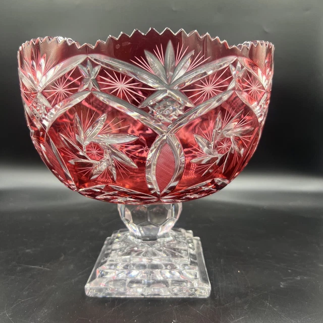 Polonia Crystal, Cranberry Red Cut To Clear Sawtooth Pedestal Bowl Large Polonia Crystal, Cranberry Red Cut To Clear Sawtooth Pedestal Bowl Large