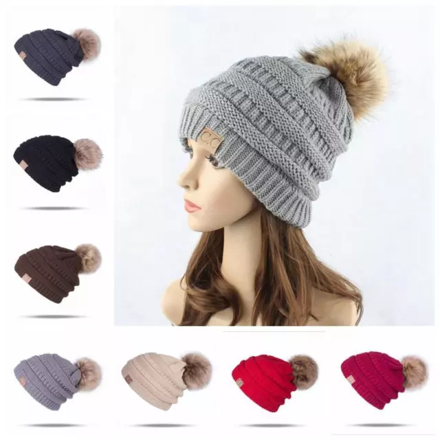 Women's Beanie Ribbed Winter Soft Fleece Warm Knit Ski Hat with Faux Fur Pom Cap