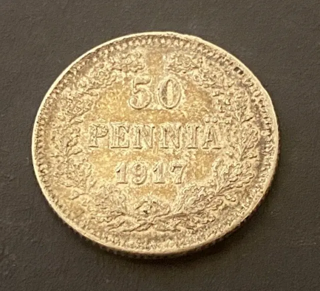Finland 1917 50 Penniä No Crown/Civil War Issue Silver Coin Toning and Luster