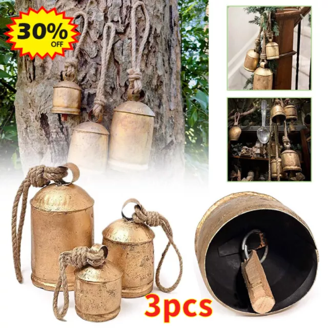 3x Vintage Christmas Cow Bell Rustic Giant Harmony Brass Bells for_Decoration