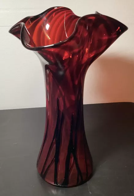 Hand Blown Red And Black Art Glass Vase 10 1/4”