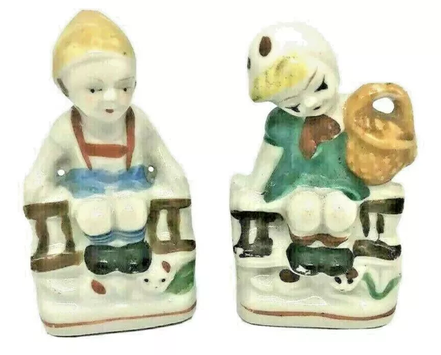 VINTAGE Boy and girl sitting on fence with puppy kitten Ceramic Occupied Japan