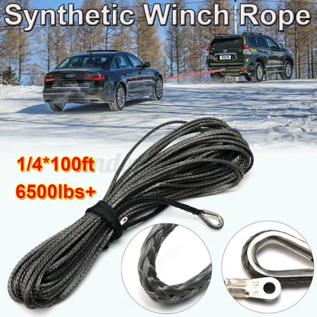 Synthetic Fiber Car Winch Rope 1/4" x 100ft  Line Cable with Sheat  6500lbs 30m