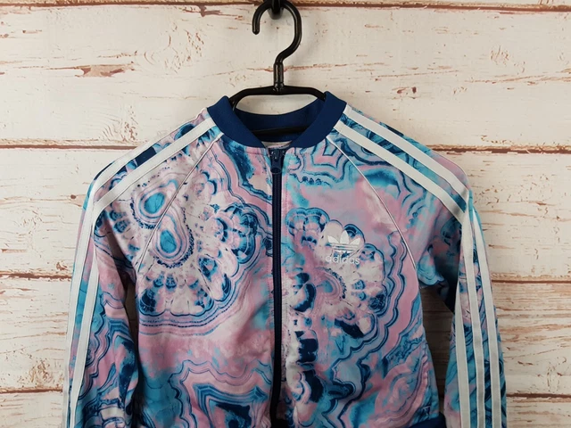 Adidas Girls Track Jacket 9-10 Years Pink Blue Cropped Tracksuit Top Zip Sports 3