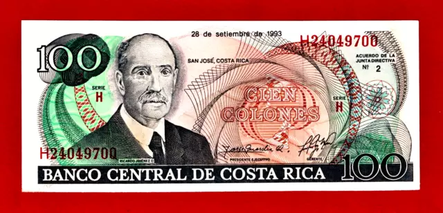 RARE 100 CIEN COLONES 1993 COSTA RICA UNC NOTE (P-261a) Series H Ricardo Jimenez