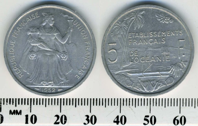 French Oceania 1952 - 5 Francs Aluminum Coin - Seated Liberty