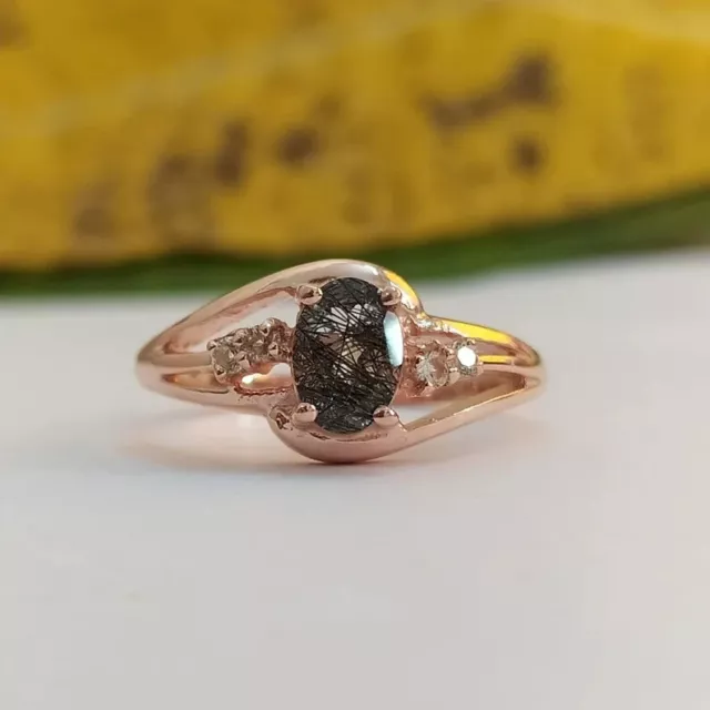 Noir Rutile Ring-Unique Fiançailles Rutile Quartz Bague Mariage