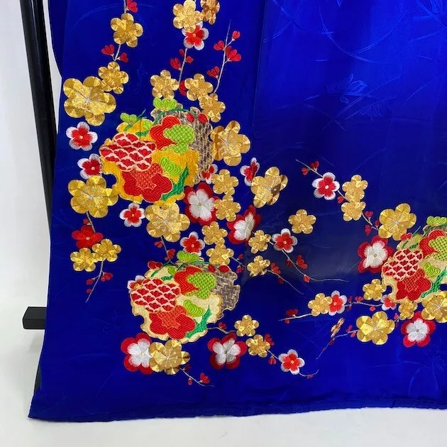 Furisode Color Uchikake VINTAGE Japanese Kimono Silk blue classic 1641 6