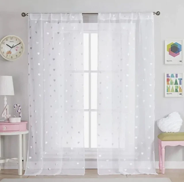 Lala + Bash Kids Kellyann 37x 84” silver heart curtain Set of 2 in White NEW