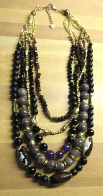 SIGNED NAKAMOL UNUSUAL black gray purple gold tone chunky bead Heavy Necklace
