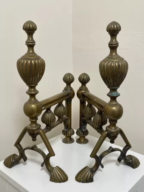 Pair Fine Antique 19th Century Victorian Brass Fire Dogs Reeded Finials Paw Feet 2