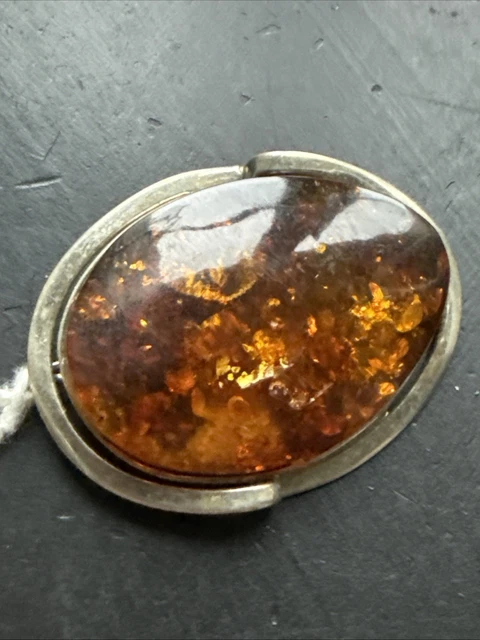 Broche Ancienne En Argent Massif 925 Art Déco - Cabochon Ambre - Créateur Français