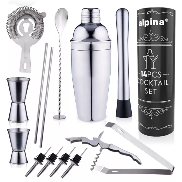 14 tlg Cocktail Shaker Set Bar Mixer Zubehör Edelstahl Messbecher Geschenkset