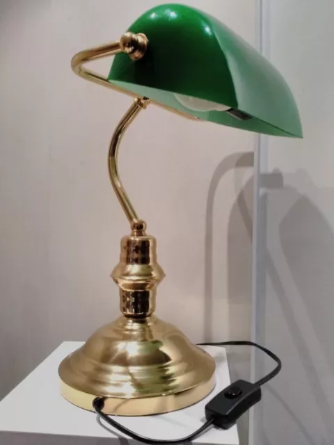 Vintage Green Glass Bankers Desk 14'' Lamp Brass Retro Office Corded Superb Con.