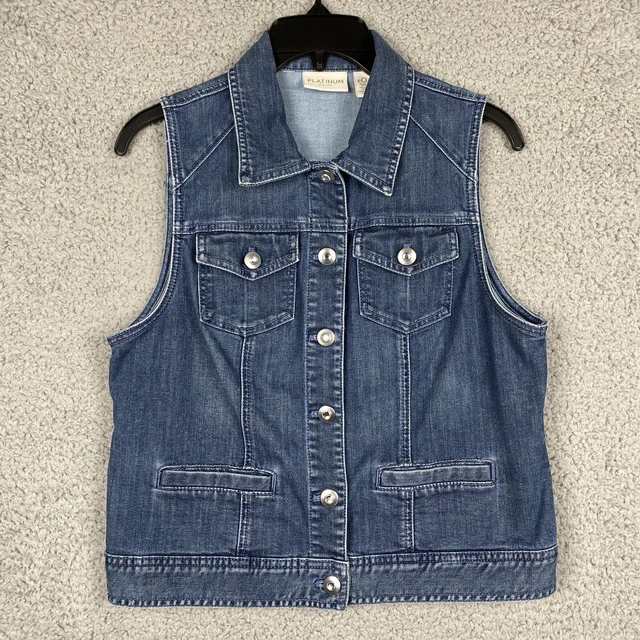 Platinum Chico's 0 Rhinestone Metal Buttons Med Wash Denim Vest Stretch Pockets
