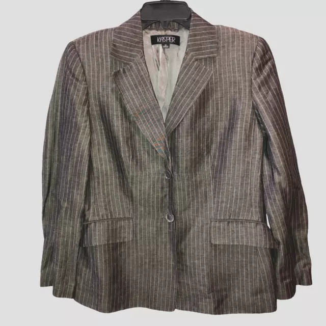 Kasper Womens Size 10 Gray Striped Linen Blend 2 Button Front Blazer Jacket Coat