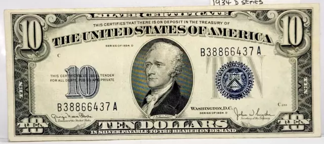 1934 D $10 Ten Dollars Blue Seal Silver Certificate High Grade FR. 1702