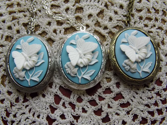 Victorian LOCKET CAMEO BUTTERFLY BLUE WEDDING Necklace Photo MEMORY Birthday new 3