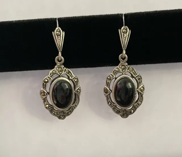 Vintage Sterling Silver 925 Marcasite Onyx Earrings Drop Dangle Oval