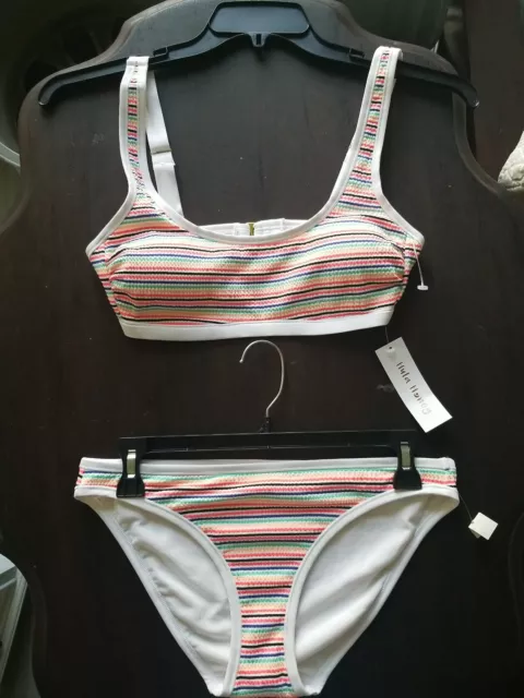 Hula Honey White Multi Color Stripes Bikini 2 Piece Swimsuit Set Striped Med NWT