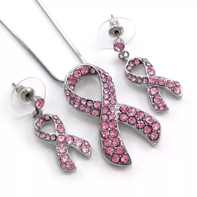 Pink Ribbon Breast Cancer Awareness Charm Pendant Necklace Stud Post Earring Set