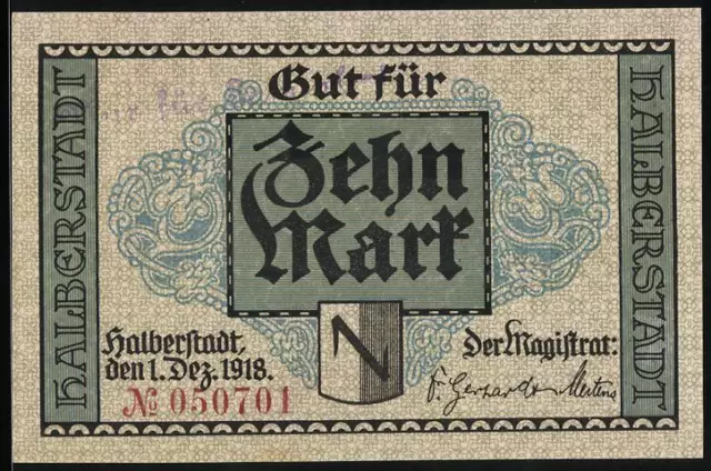 Notgeld Halberstadt 1918, 10 Mark, Kirche, Stadtwappen