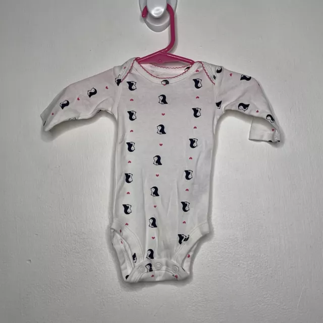 Carters Penguin One Piece Bodysuit Newborn Baby Girls White Long Sleeve NWOT