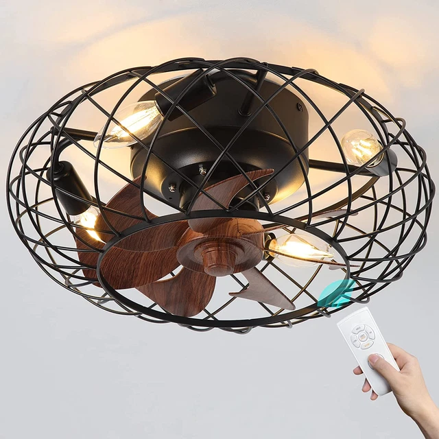 Small Industrial Black Iron Caged Flush Mount Ceiling Fan with Light, Indoor 3 S