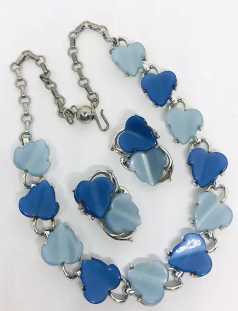 Lucite Thermoset Necklace & Earrings Demi Blues Leaves Vintage Jewelry