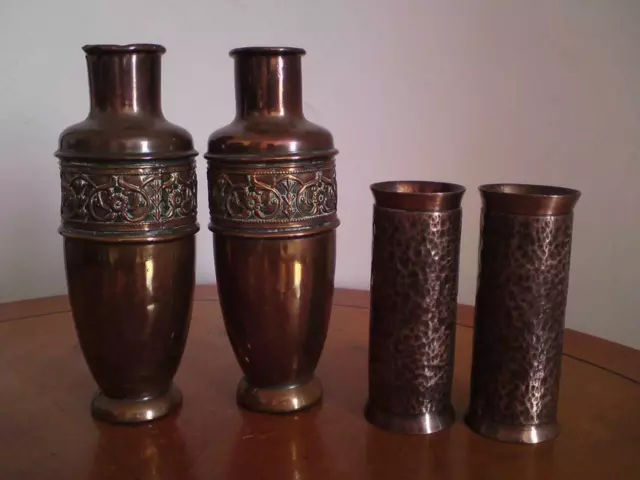 Job Lot Two Pair Arts & Crafts Copper Vases & Brush pot (4 pieces) 2