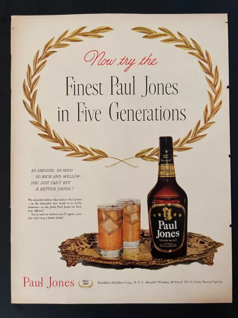 Paul Jones Blended Whiskey VTG 1940s Print Add 10x13 Bottle Mixed Drink WWII Era
