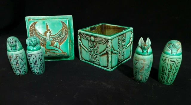 ANCIENT EGYPTIAN ANTIUES Canopic Jars Afterlife Box protection winged ...