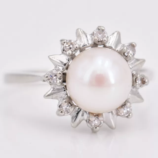 Gr. 48 - Zierlicher Vintage Perlenring Damen in 585/14K Weißgold mit Diamanten