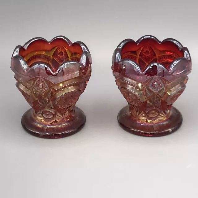 PAIR Imperial Glass Red Orange Amberina Carnival Glass Candle Holder 2.5”