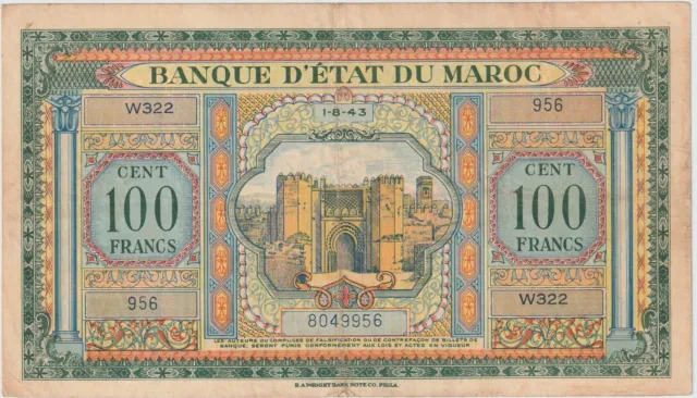 Morocco 100 Francs Banknote 1943 Choice Very Fine Condition Pick#27"Best Price"