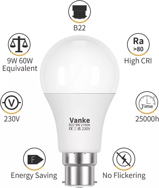 Bajonett Glühbirne 60w, B22 LED Glühbirnen warmweiß 2700K, 9w Energiesparlampe